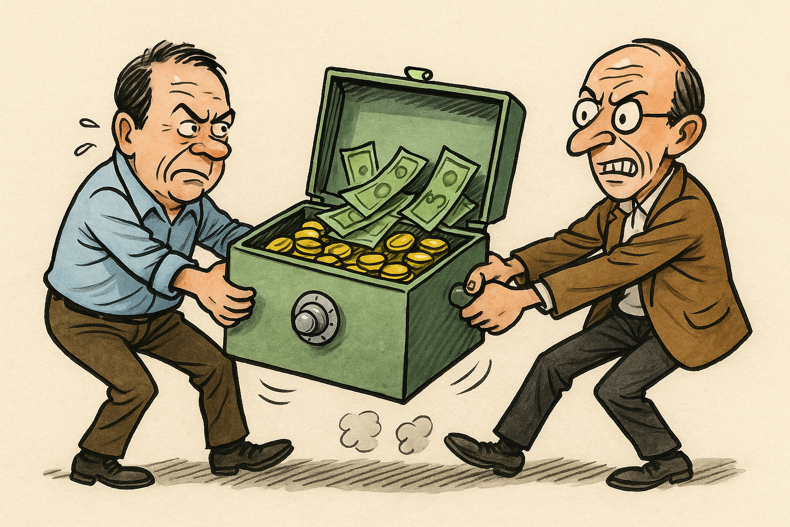 Dos personas tratan de llevarse una caja de caudales cada uno a su lado