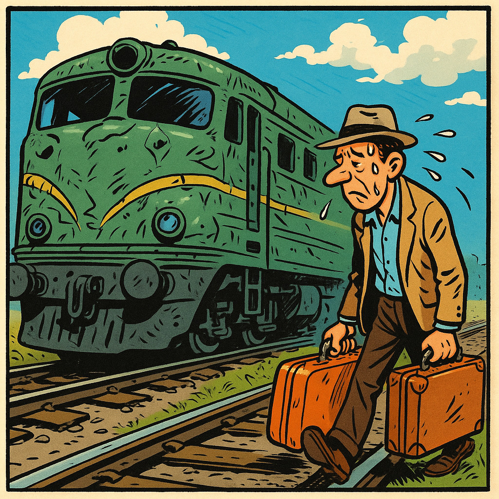 Caricatura de un hombre sudando, andando por la vía con un tren roto detrás